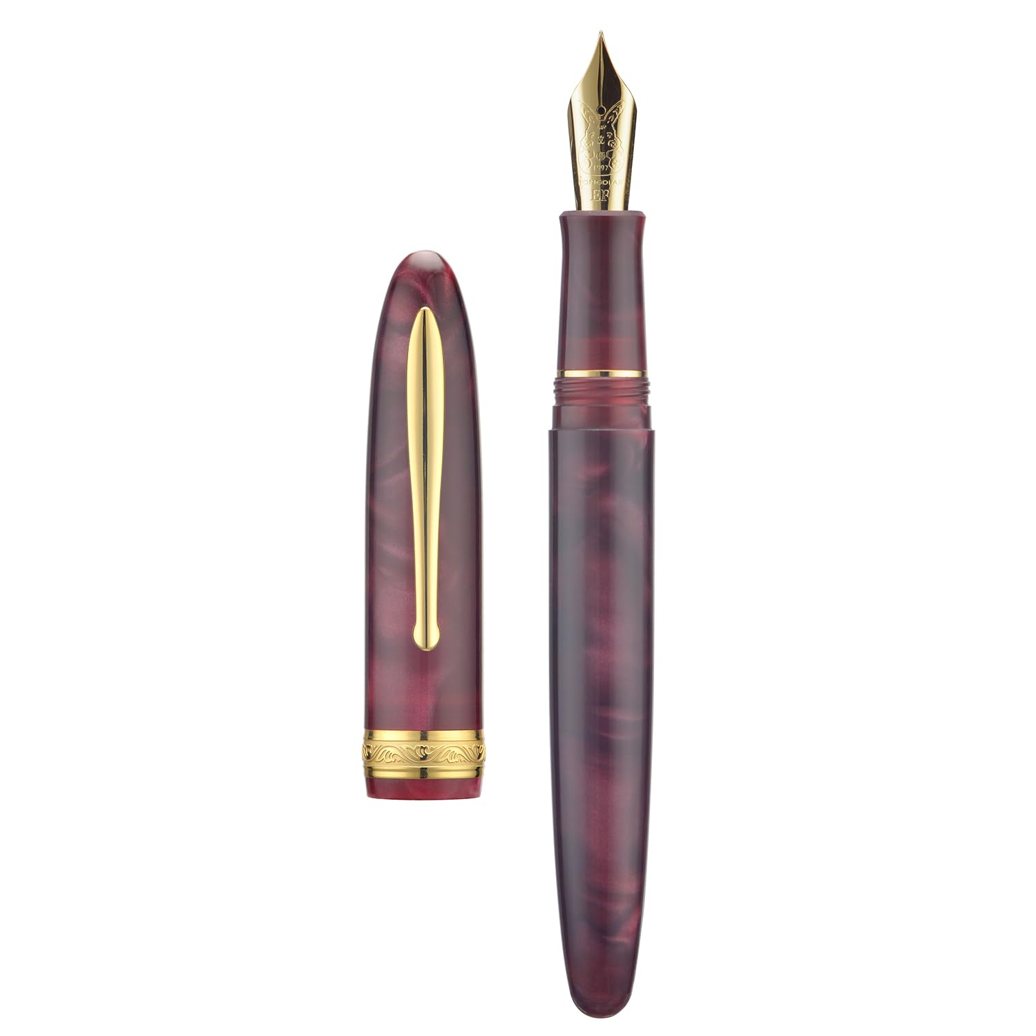Hong Dian N9 Fountain Pen, Long Leaf Medium Point Gold Ornaments, Wine Red and Acrylic Design with Converter and Metal Pen Box