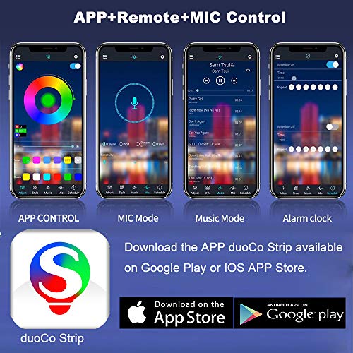 QIJIE 32.8ft RGB LED Light Strip Music Sync, App Control with Remote and 12V UL List Safety Power Supply, Color Changing LEDs Light Strip Kit for Bedroom, Ceiling, Kitchen