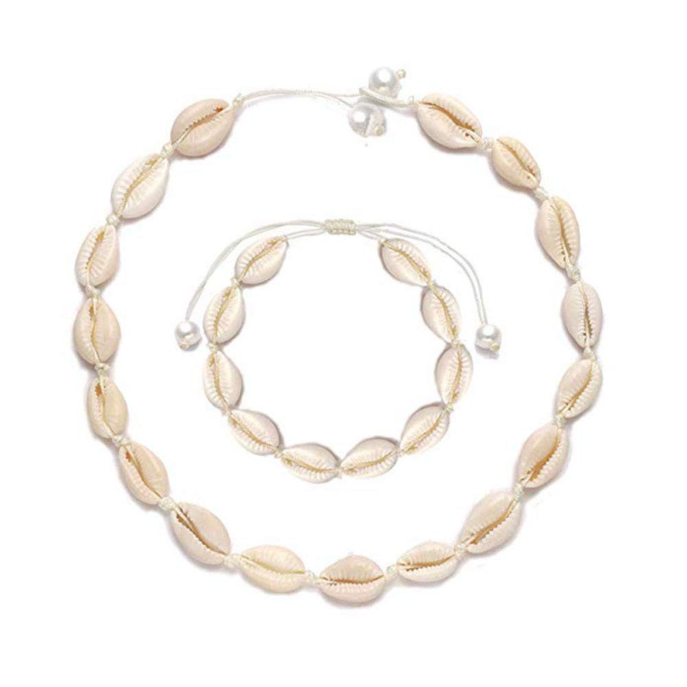 CYWQ Women's Shell Choker Necklace Set, Puka Shell Necklace & Bracelet, Adjustable 17-18 Inch, White, Wedding & Occasion, 1 Count