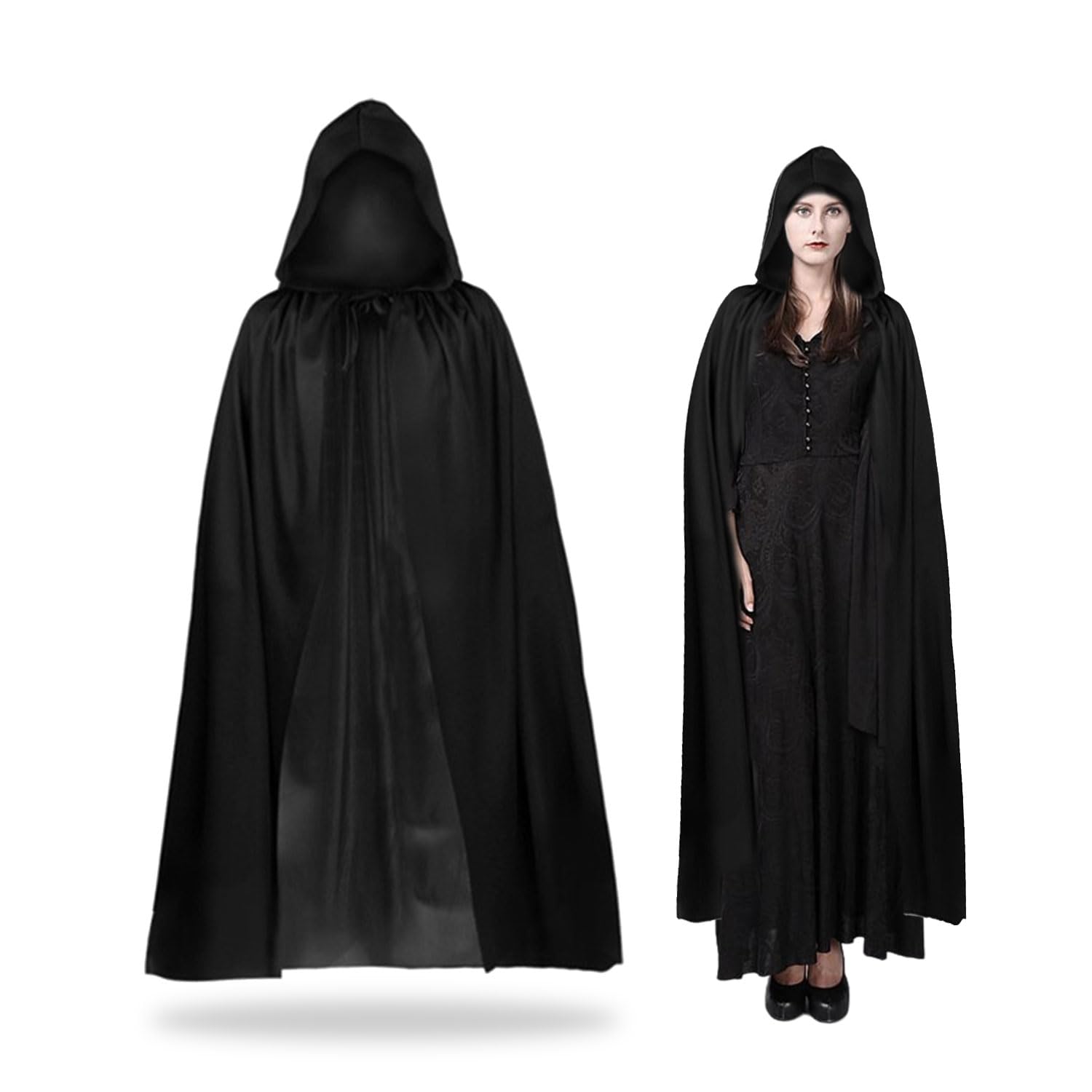 FUIPVGI Black Hooded Cloak 59" Long Cape Grim Reaper Vampire Witch Hooded Robe Cloak Knight Fancy Cool Cosplay Costume for Carnival Halloween Fancy Dress Wizard Costume(Black)