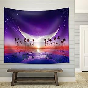 Big Moon Over Purple Sunset at Tropical Sea with Stars - Fabric Wall Tapestry Home Decor - 51x60 inches