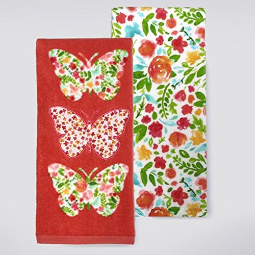 Celebrate Spring - 100% Cotton Kitchen or Bathroom Hand Towels - Set of 2 (Coral - Butterfly Patch)