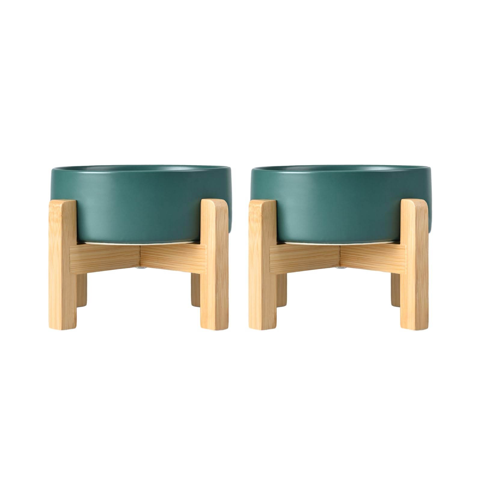 SPUNKYJUNKY Ceramic Raised Dog Bowl Set with Bamboo Stand for Cats and Dogs (850ml, Green)