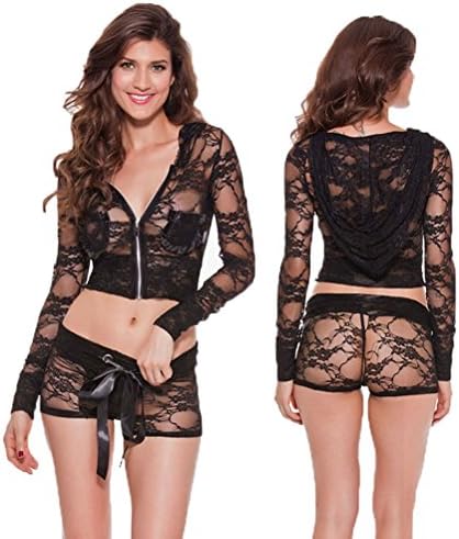 Your Candy Girl Women Sleepwear Outfit Lingerie Fission Tights Lace Black Sexy Lingerie with Hat (Medium)