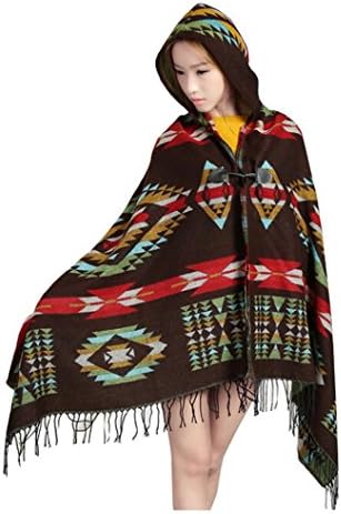 Datework Women Vintage Hooded Cloak Cape Bohemian Fringed Shawl Scarf (Brown)