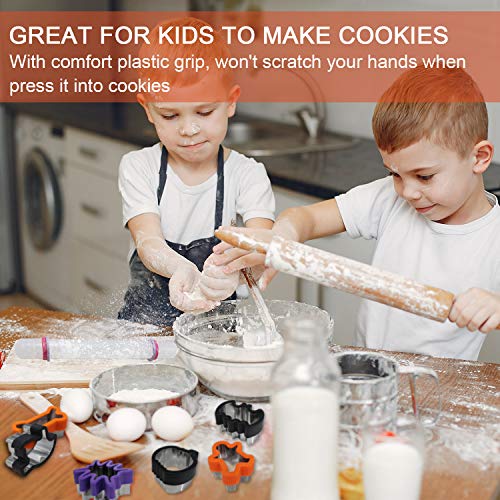 Tifeson 12 Pack Halloween Cookie Cutters Set, 11 PCS Stainless Steel Sandwich Cutter Molds with Comfort Grip, 1PC Rolling Pin for Halloween Party (Include Pumpkin, Witch Hat, Bat, Ghost Mold)