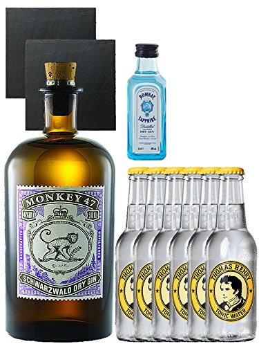 Gin-Set Monkey 47 Schwarzwald Dry Gin 0,5 Liter + Bombay Sapphire Gin 5 cl Miniatur + 6 Thomas Henry Tonic Water 0,2 Liter + 