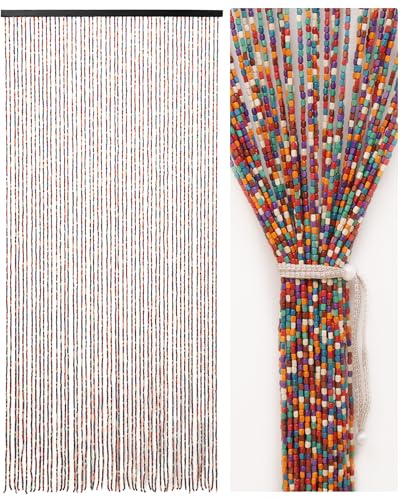 Ezcasch Bamboo Bead Door Curtain 90 x 200 cm 52 Strands Colorful Wooden Bead Curtain as Boho Style Decoration and Mosquito Net Handmade Beaded Curtain for Windows Doors