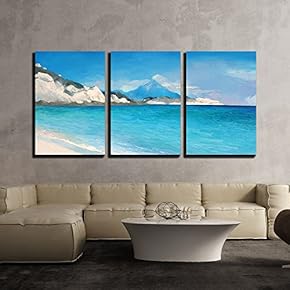 3 Piece Canvas Wall Art - Original Painting, Artwork, Oil on Canvas, Natural Beach in Greece - Modern Home Art Stretched and Framed Ready to Hang - 16"x24"x3 Panels