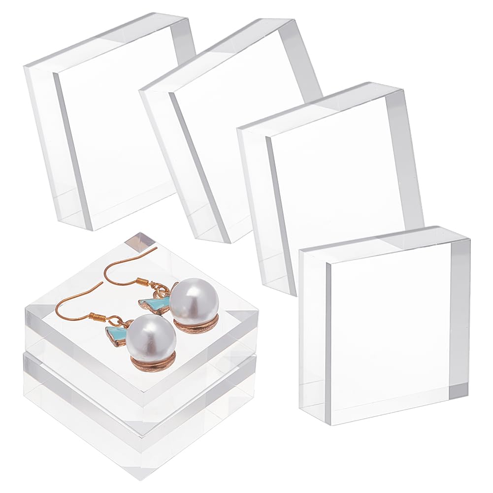 OLYCRAFT 6pcs Clear Acrylic Square Display Blocks, 4x4x1.5cm, Transparent, Polished, Jewelry Tray, Table Top
