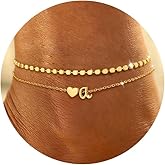 Honsny Initial Ankle Bracelets for Women Waterproof 14K Gold Plated Layered Anklets for Women Non Tarnish Dainty Heart Letter A-Z Ankle Bracelets Handmade Adjustable Summer Beach Gold Anklet Jewelry