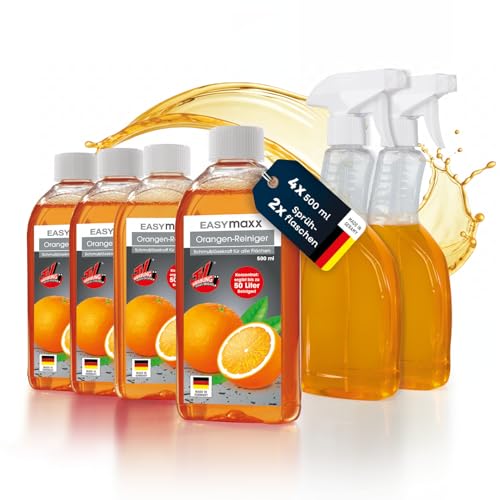 EASYmaxx Orangenreiniger Konzentrat - Badreiniger, Küchenreiniger & Allzweckreiniger in einem | 4x500ml Putzmittel inkl. 2 Sprühflaschen | Cleaner mit