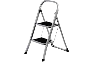 Daniks 2 Step Ladder with Handrail | Foldable Step Stool, Anti-Slip Pedals | Sturdy Lightweight Steel | 330lb Capacity | Silver
