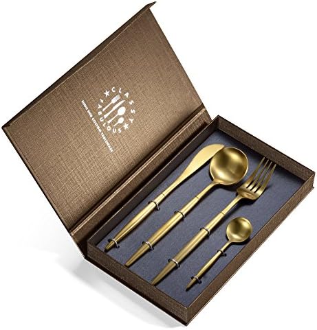 18/10 Stainless Steel Flatware Set 4-Piece by Joerid, Gift Box with Fork Knife Spoon Teaspoon, Service for 1, Gold