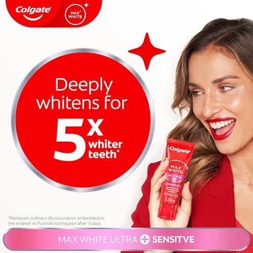 Colgate Max White Ultra + Sensitive Toothpaste 75ml | Clinically Proven 5x Whiter Teeth* and 24/7 Protection** for Sensitive Teeth