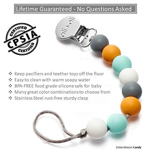 Modern Pacifier Clip for Baby - 100% BPA Free Silicone Beads (Candy) Binky Holder for Newborn - Infant Baby Shower Gift - Universal fit MAM - Philips Avent