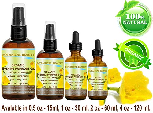 ORGANIC EVENING PRIMROSE OIL. 100% Pure / Natural / Undiluted / Unrefined /Certified Organic/ Cold Pressed Carrier Oil. Rich antioxidant to rejuvenate and moisturize the skin and hair. 0.5 Fl.oz.- 15 ml. by Botanical Beauty