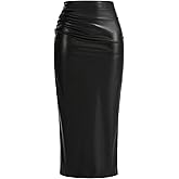 GORGLITTER Women's Ruched PU Leather Bodycon Long Skirt Slit Back Zip Up Cocktail Pencil Skirts