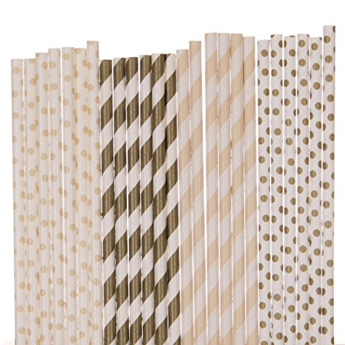 Biodegradable Paper Straws Mix, Cream And Gold, Polka Dot Striped (75)