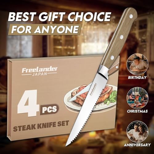 Freelander 4-piece Meat Knife Set, Table Knives with Serrated Edge and Ergonomic Wooden Handle, Sharp Steak Knives for Cutting Steak and Meat