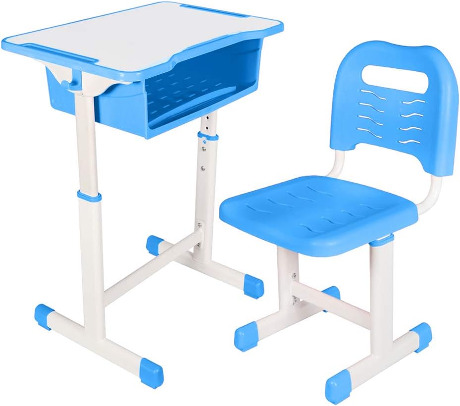 Kids Desk and Chair Set Height Adjustable Ergonomic Children Sturdy Table, Childs Study School Desk Kids Art Writing Desk (Blue)