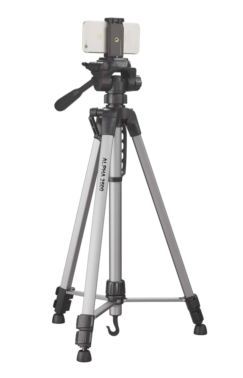 Cullmann - 52126 - Alpha 2500 Mobile Tripod - with Universal Phone Mount (165 cm Extension Height, Weight 1.25 kg, Maximum Load 2.5 kg, Packed Size 67 cm, 3-Way Head) - Silver