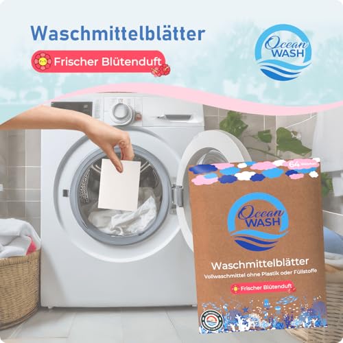 OceanWash Waschmittelblätter Blütenduft, Waschblätter Waschmaschine für alle Textilien und Farben, Waschtücher biologisch abbaubar, Laundry Detergent Sheets Vollwaschmittel, 64 Wäschen thumbnail 2