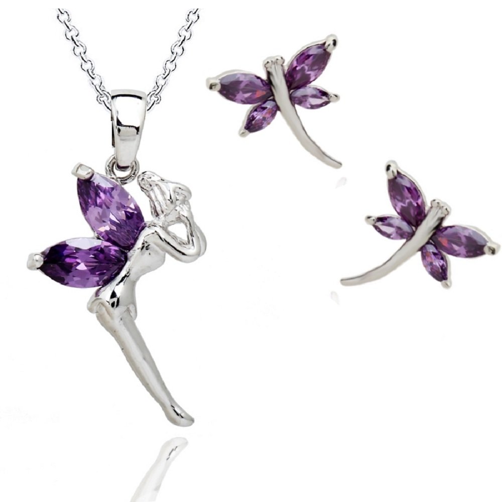 Crystalline Azuria Women Girls 18ct White Gold Plated Purple Zirconia Crystals Fairy Tinkerbell Butterfly Set Necklace Stud Earrings โ image 1