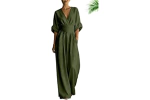 2026 Women's Elegant Vacation Casual Fashion V-Neck Waist Jumpsuit Waist-Cinched V-Neck Womens Jumpsuit with Pockets