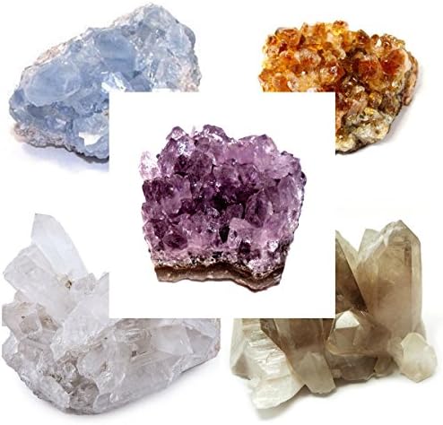 Lot of 5: Celestite Citrine Amethyst Clear & Smokey Quartz Crystal Cluster Geode
