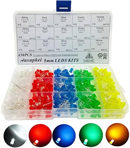 Ausupkei 450PCS ( 5 Colorsx150pcs) 5mm Diffused Round LED Emitting Diodes Light with 105PCS 200Ohm Resistor for DIY ,Electronics Experiment, Arduino Project