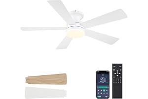 BYKISTOK White Ceiling Fans with Lights - 46" Flush Mount Low Profile Ceiling Fan Light with 5 Double-Sided Blades, 6 Speeds 3CCT Reversible Motor, Modern Ceiling Fan for Indoor/Outdoor Patios