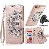 iPhone 8 Plus Case,iPhone 7 Plus Flip Embossed Leather Wallet Case with Protective Detachable Slim Case Fit Car Mount,CASEOWL Mandala Flower Design with Card Slot, Strap for iPhone 7/8 Plus[Rose Gold]