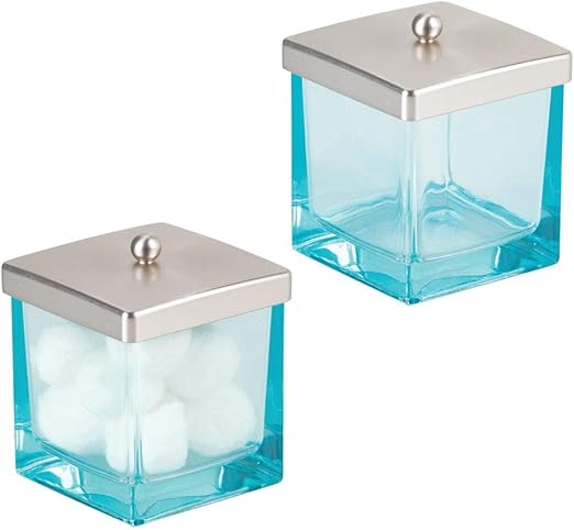 Amazon Com Mdesign Modern Glass Square Bathroom Vanity Countertop Storage Organizer Canister Jar For Cotton Swabs Rounds Balls Makeup Sponges Bath Salts 2 Pack Blue Brushed Home Kitchen