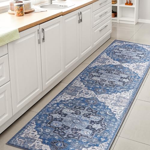 JONATHAN Y Machine Washable Blue/Navy Runner Rug 2X10 ft, Maris Ornate Medallio…
