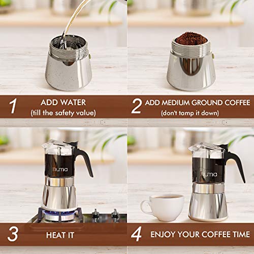 Rumia Moka Pot Stovetop Espresso Maker, Crystal Glass & Stainless Steel Moka Pot, 6 Espresso Cup