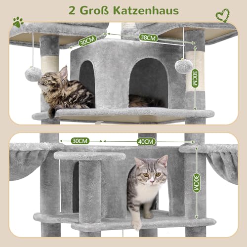 Globlazer Scratching Post Large High 204 cm with 3 Padded Perches, 2 Cat House, 2 Baskets, Hammock, Luxury Cat Tree, Stable for 3-5 Adults, Cat, Rest, Play, Scratching Indoor (F80, Light Grey)