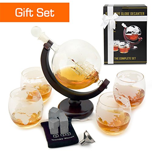 Whiskey Decanter Set with Globe Glasses - Premium Whiskey Gift Set - Etched Globe Decanter for Scotch, Bourbon or Liquor - 850ml Wine Decanter Set + 9 Bonus Ice Stones - Glass Decanter with Gift Box