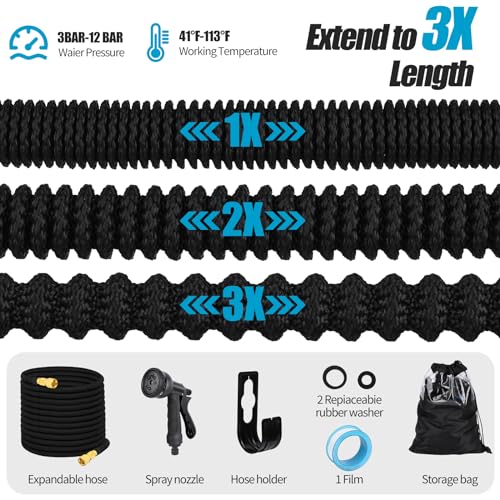 30m Expandable Garden Hose with 8 Spray Models Fits 1/2" and 3/4" Taps Durable Metal Fittings for Garden Cleaning, Car Washing, Watering (Black)
