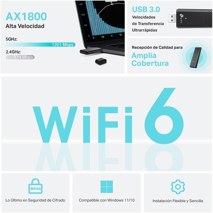 TP-Link Archer TX20U | Adaptador USB WiFi6|AX1800 Dual-Band|1201 Mbps (5 GHz) e 574 Mbps (2,4 GHz)|OFDMA e MU-MIMO| USB3.0 |WPA3 |Compatível com Windows 11/10