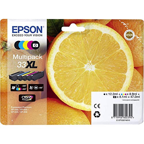 Epson Original Orangen Claria 33XL Multipack extra große Tintenpatrone – 5 Farben: Patronen: Schwarz, Cyan, Magenta, Photo Schwarz, Gelb – 1 x 12,2 ml