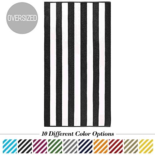 Caravalli Egyptian Cotton Beach Towel, Windsor Oversized Luxury Resort Towel with Large Stripes, Over Sized Super Soft Ulta Absorbent Striped Spa Towels, Thick Cabana Stripe Bath Towel (Black)