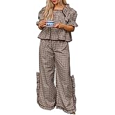 NUFIWI Women Christmas Ruffle Gingham Pajama Set Gingham Puff Sleeve Babydoll Shirt and Pants Plaid Lounge Sets Sleepwear
