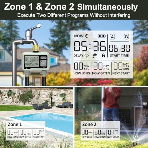 Johgee Sprinkler Timer 2 Zone Brass Inlet, Water Timer for Garden Hose Faucet 2 Outlet, Programmable Water Hose Timers Irrigation System Controller with Child Lock Mode, Auto & Manual Mode, Rain Delay