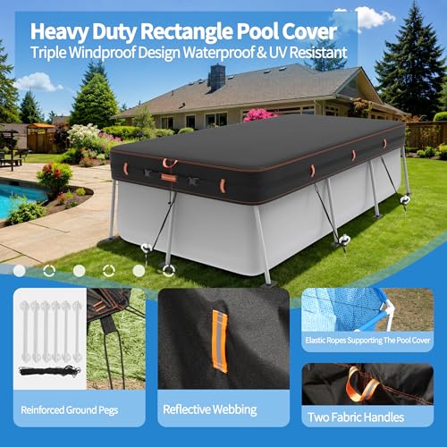 Neuradical 420D rectangular cover for above-ground swimming pools, UV and tear resistant, available in various sizes 224 x 408 cm, windproof protection with reflective strips.