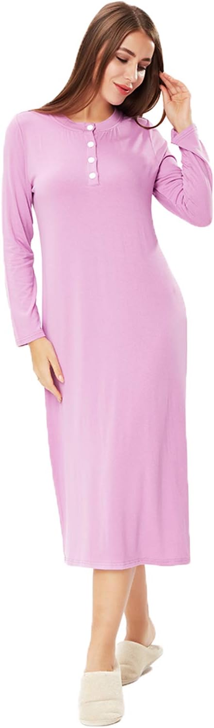 ENIDMIL Womens Casual Loose Sleep Dress Cotton Knit Long Sleeves Nightgown (Violet, L)
