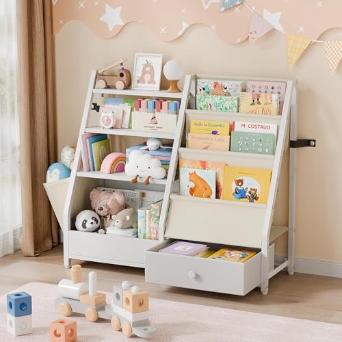 4 Tier Kids Bookshelf - Toddler Book Display Shelves, Children Bookcase Organizer for Kids Room, Classrooms, Nursery, Bedroom, White, 85 * 30 * 75Cm