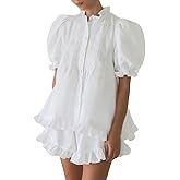 Xfileen Women Ruffle 2 Piece Sets Fashion Puff Sleeve Button Down Shirts and Shorts Cotton Pajamas Sets