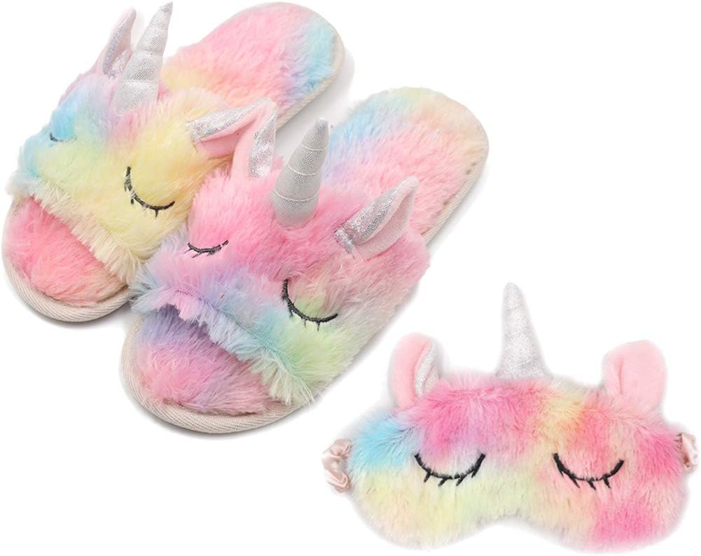 HADM Rainbow Unicorn Slippers and Sleeping Eye Mask Set for Women Girls Christmas Birthday Gifts