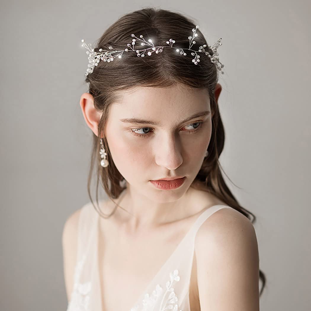 Fairvir Bridal Wedding Hair Vines Silver Pearls Side Headpieces Sparkly Rhinestone Bride Crystal Hair Accessories for Women and Girls